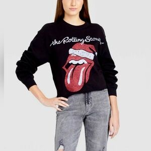 The Rolling Stones Women's Raw Hem Christmas Lips Tongue Sweater Cotton Sz M NEW
